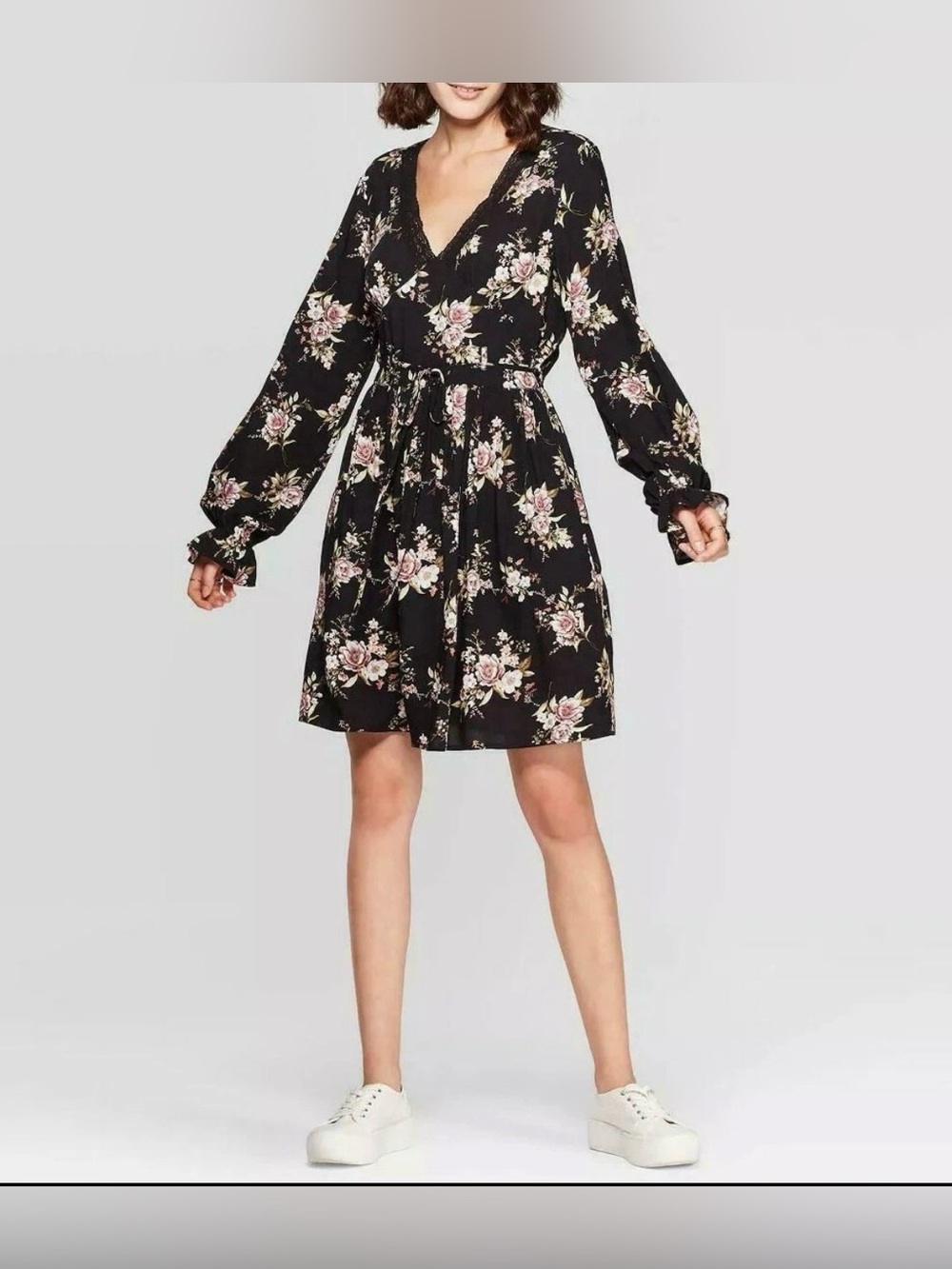 Xhilaration Women's Size L Floral Deep V-Neck Waist Tie Mini Dress